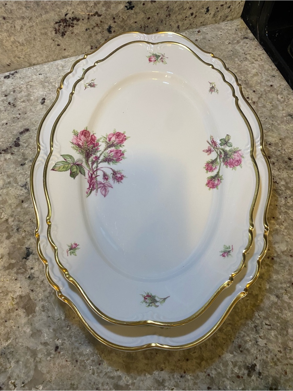EDELSTEIN MARIA THERESIA MOSS ROSE 13" & 15” OVAL PLATTER Set SCALLOP~GOLD TRIM